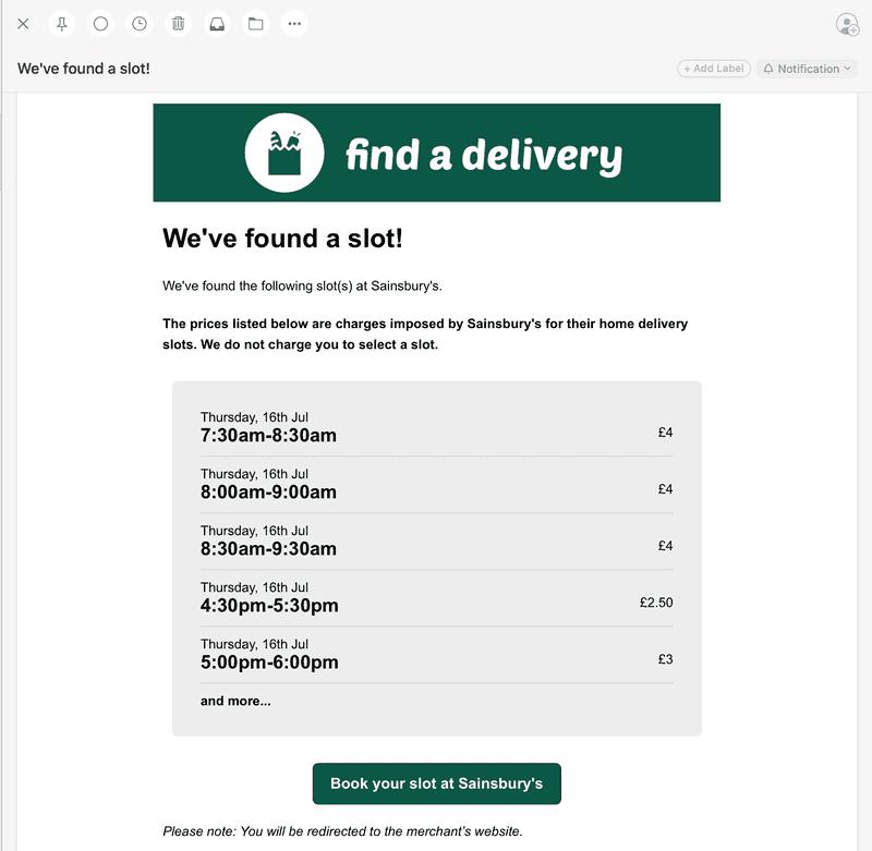 screenshot of an email notification from findadelivery.com