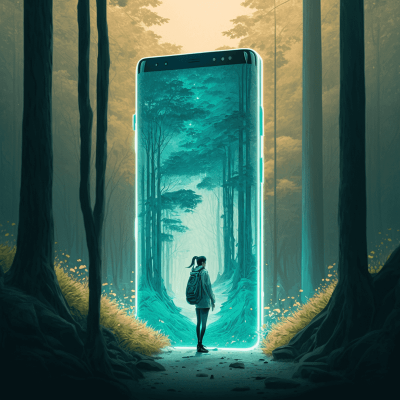 in a bright serene forest, there is a woman stepping out and walking away from a giant smartphone