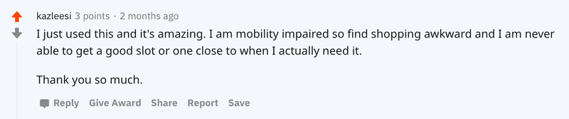 screenshot of feedback from a mobility-impaired Redditor