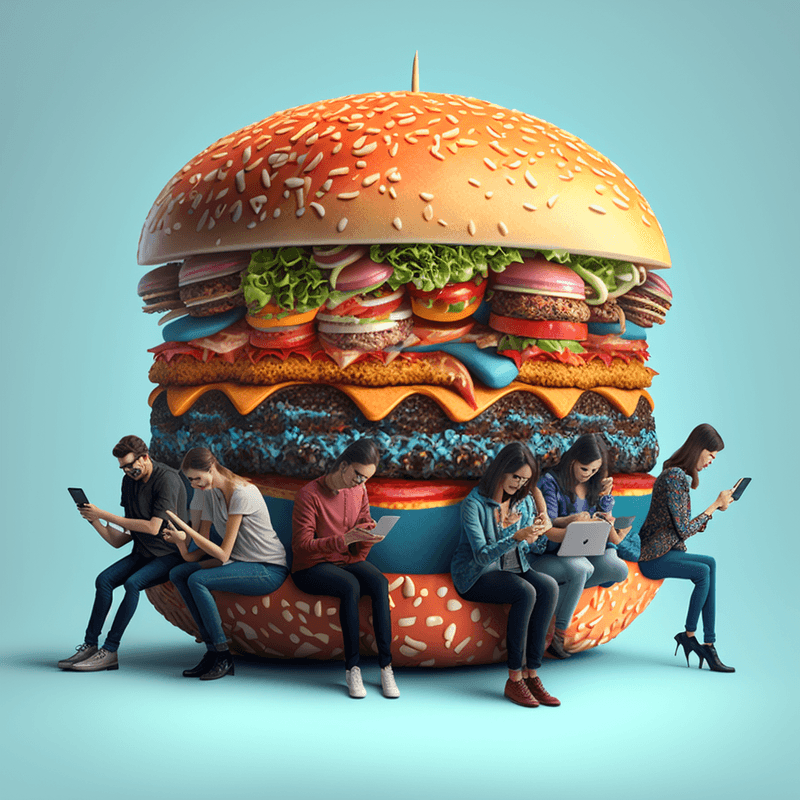 a group of people sitting on and around a giant burger while being engrossed by their smartphones